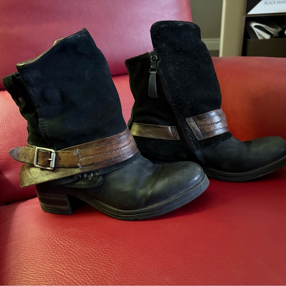 Miz Mooz Black Suede & Leather Ankle Booties with Brown Strap